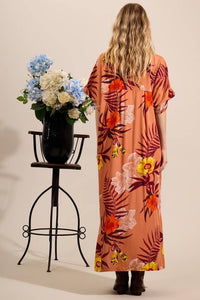 Chemise Longo Com Mangas Curtas Terracota Estampado Yacamim M1