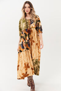 Vestido Midi Marrom Claro Patchwork Yacamim C1