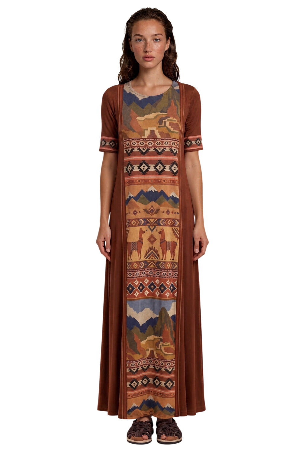 Vestido Longo Marrom Estampado Coleção Peru Yacamim K2
