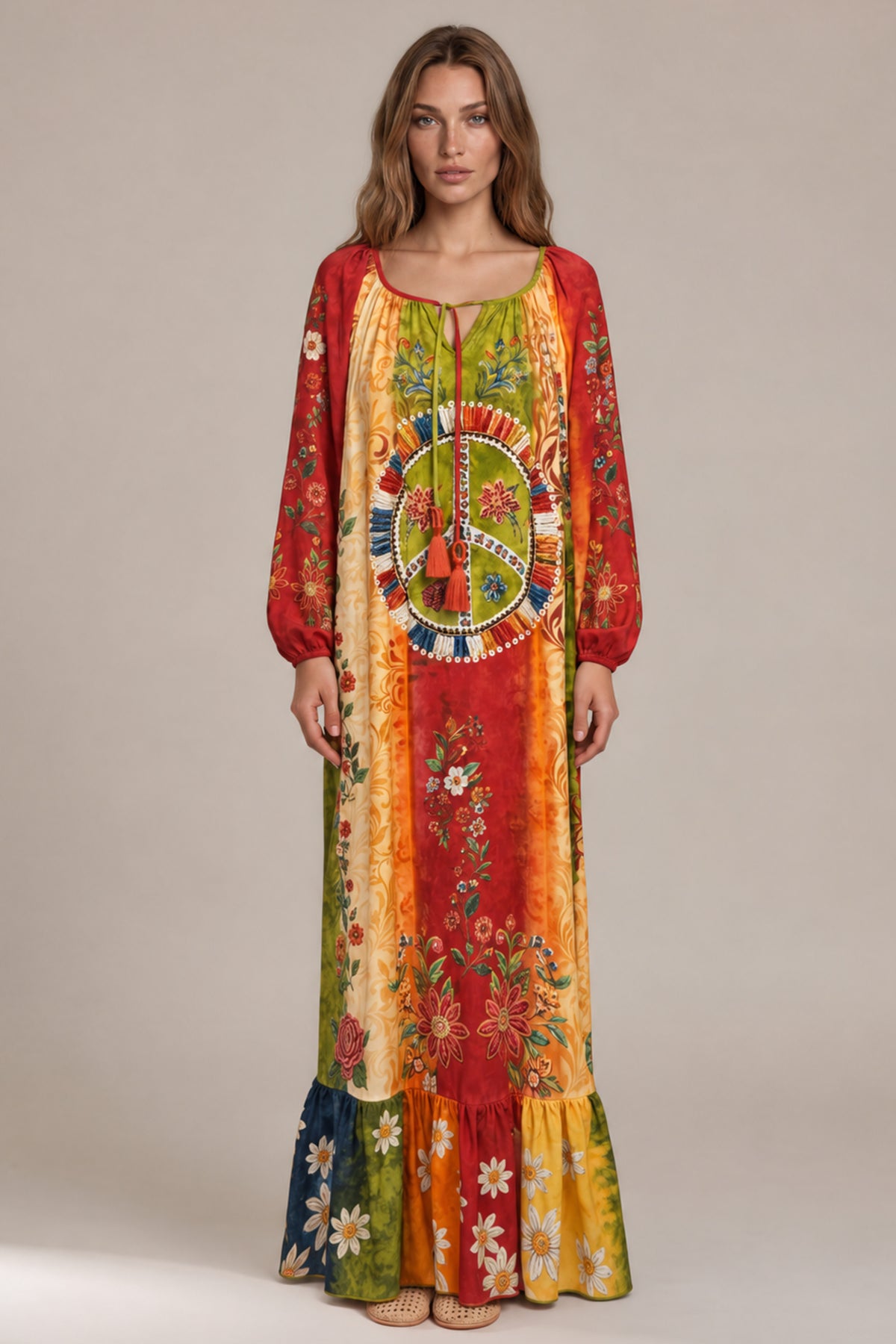 Vestido Longo Com Mangas Longas Colorido Estampado Coleção Manacá Yacamim C23