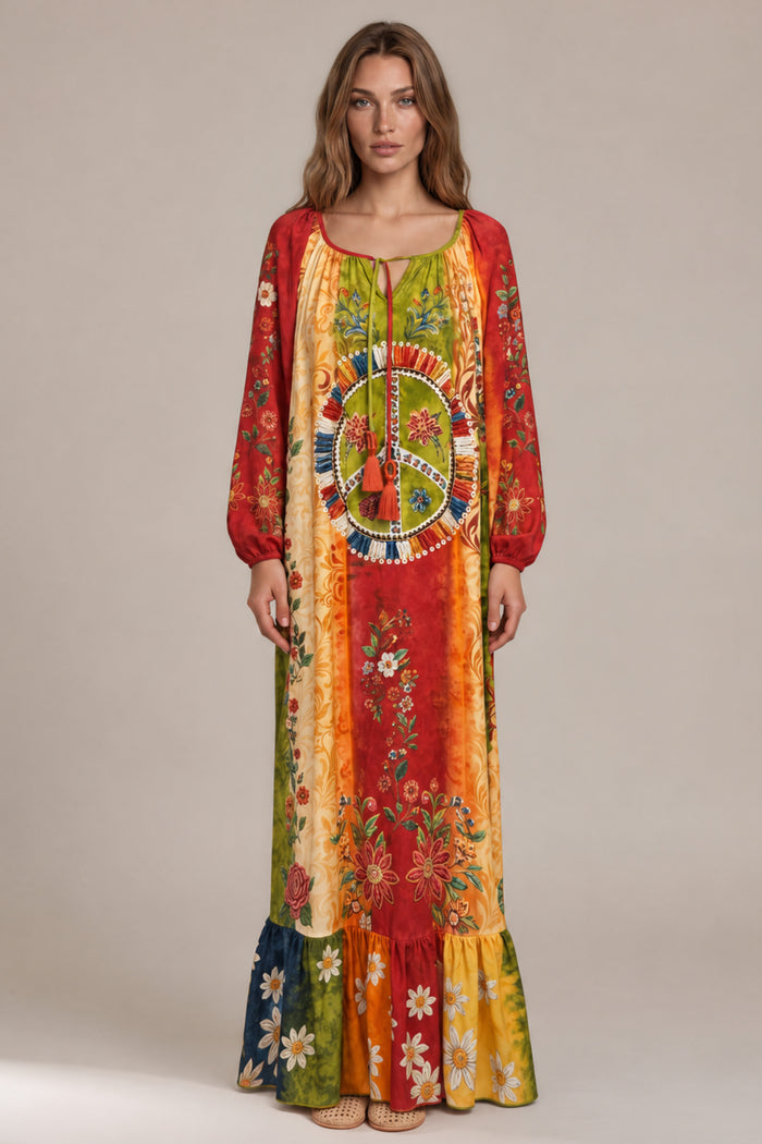 Vestido Longo Com Mangas Longas Colorido Estampado Coleção Manacá Yacamim C23