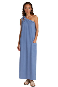 Vestido Longo Viscolinho Alça Transversal Azul Petróleo Yacamim C22