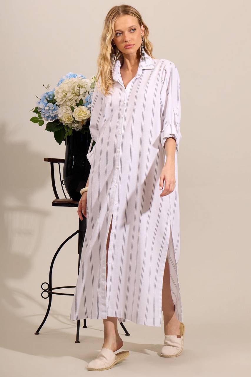 Chemise Longa De Linho Com Mangas Longas Branca Listrada Yacamim N3