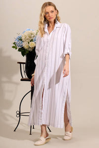 Chemise Longa De Linho Com Mangas Longas Branca Listrada Yacamim N3