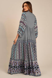 Vestido Chemise Longo Com Mangas Longas Bufantes Azul Patchwork Yacamim