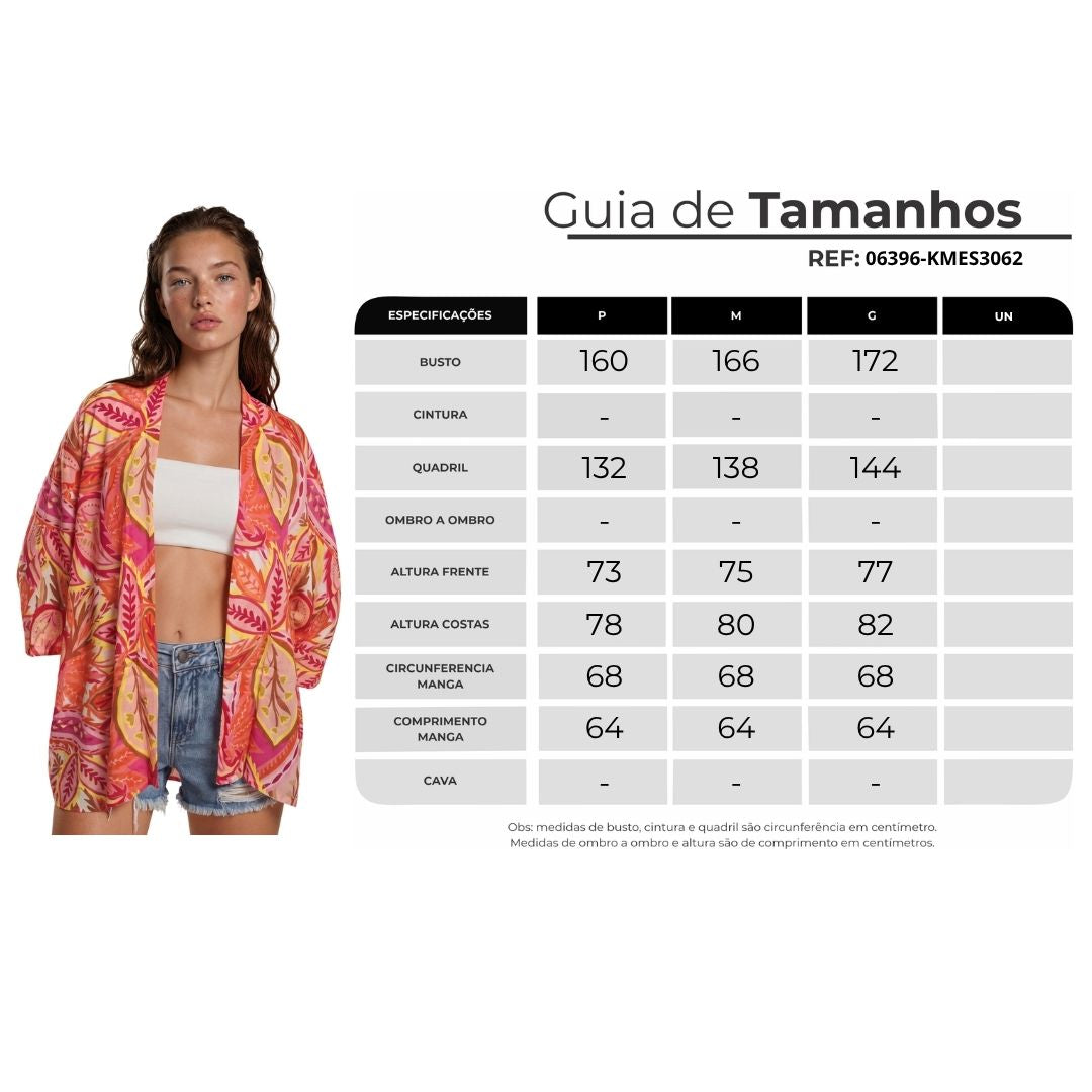 Kimono Curto Com Mangas Longas Rosa Estampado Yacamim J3