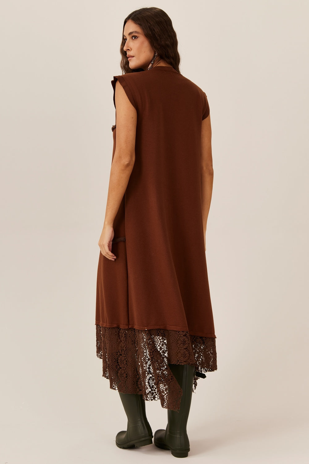 Vestido Midi De Moletom Com Rendas Marrom Yacamim E11