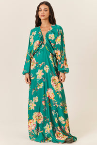 Vestido Longo Com Mangas Bufantes Verde Estampado Yacamim E4