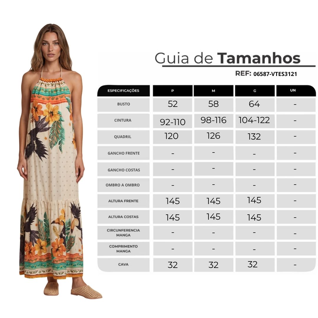Vestido Longo Com Decote Cortininha Bege Estampado Coleção Manacá Yacamim E20