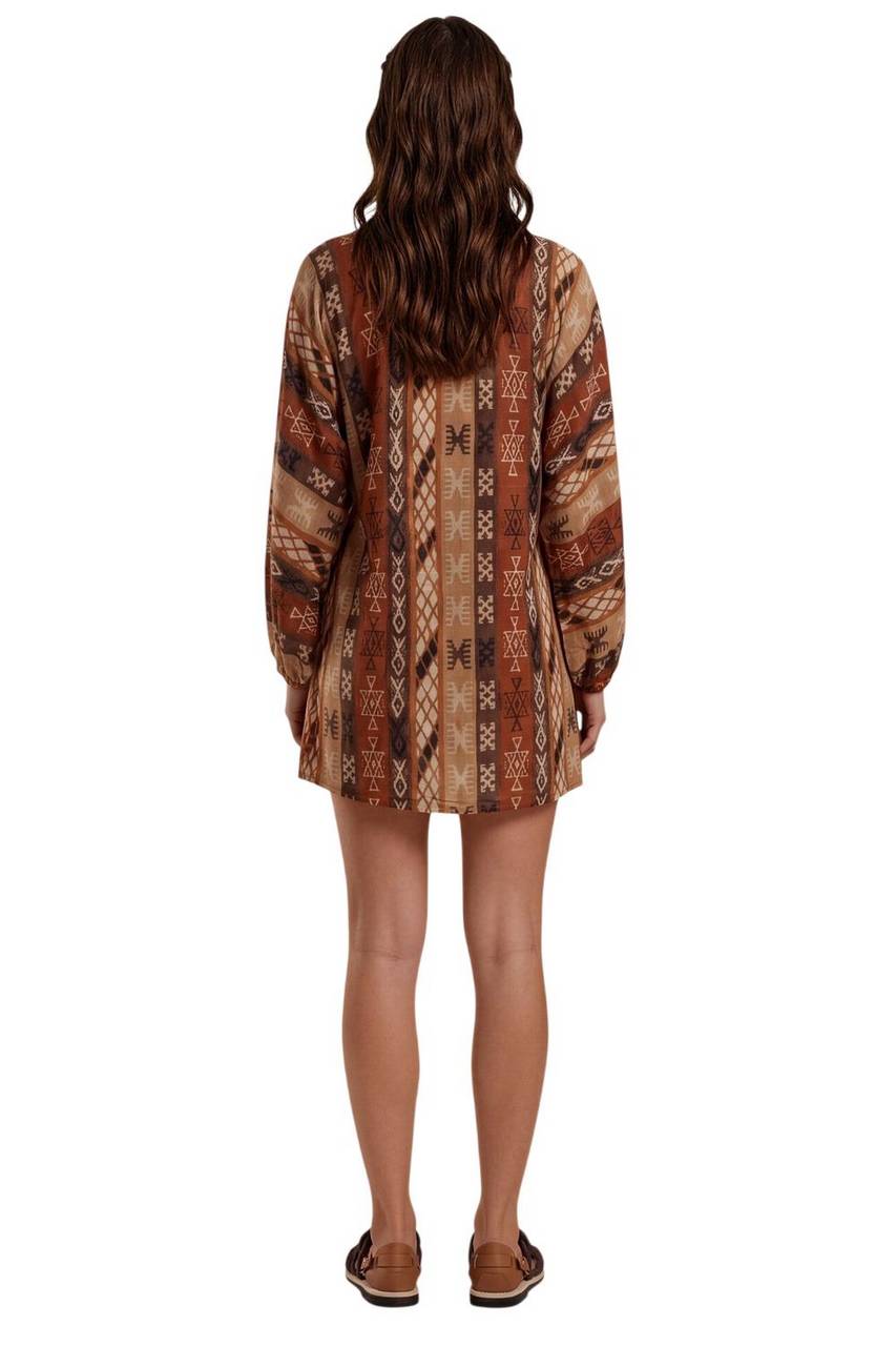 Vestido Curto Transpassado Marrom Estampado Coleção Peru Yacamim K4