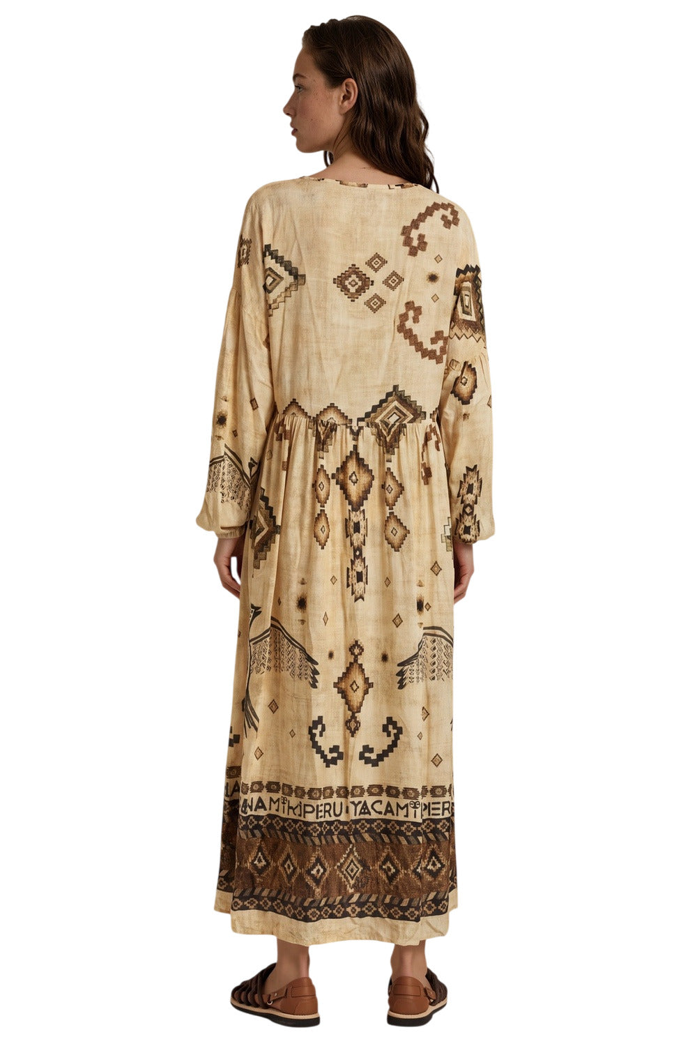 Vestido Midi Amplo Bege Estampado Coleção Peru Yacamim K1