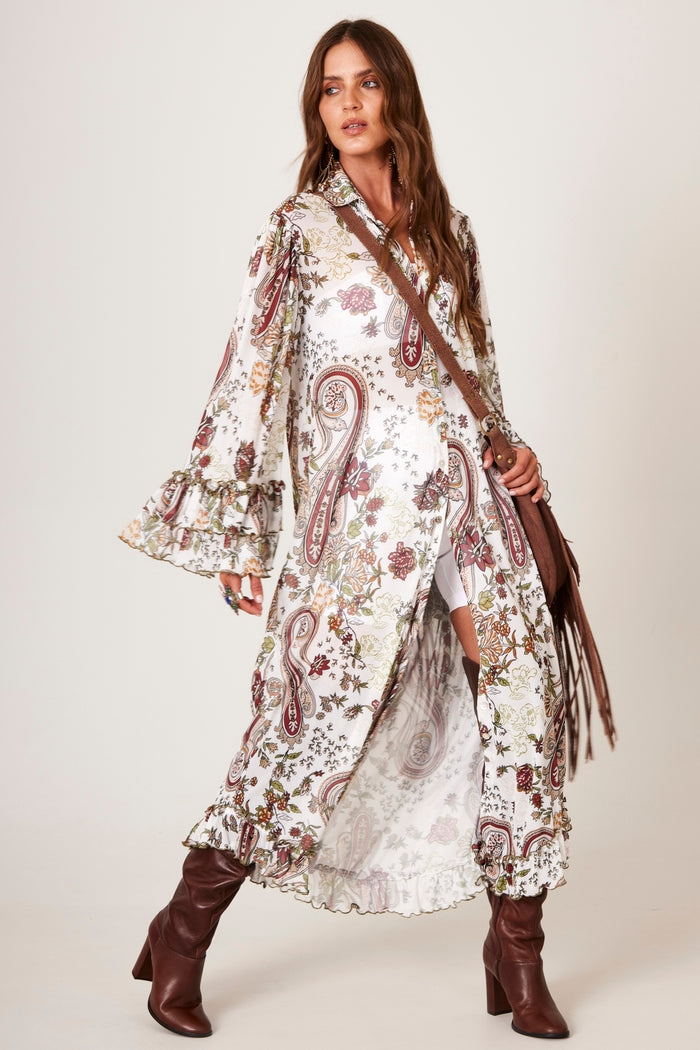 Chemise Longa Tule Branca Estampa Cashmere Yacamim M10