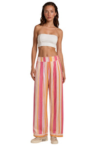 Calça Pantalona Com Bolsos Rosa E Amarela Listrada Yacamim H8