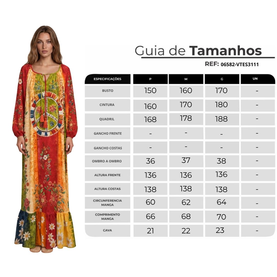 Vestido Longo Com Mangas Longas Colorido Estampado Coleção Manacá Yacamim C23