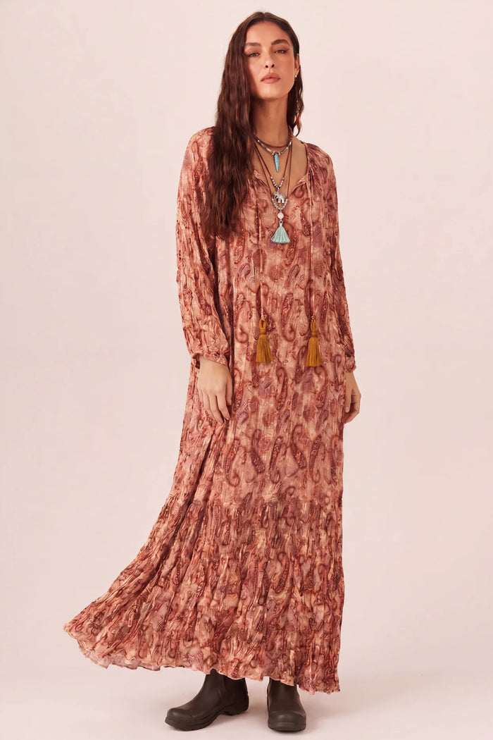 Vestido Longo Com Lurex Paisley Tons Terrosos Yacamim E21