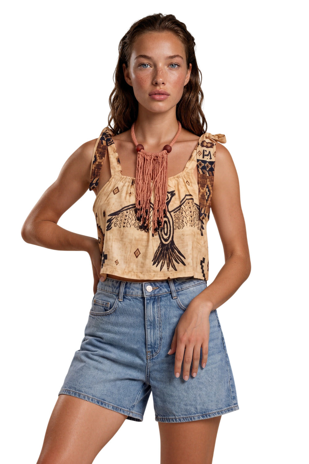 Cropped Sobreposto Bege Estampado Coleção Peru Yacamim L9