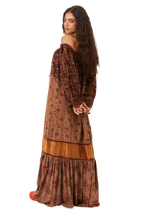 Vestido Longo Ciganinha Detalhe Em Suede Marrom Patchwork Yacamim E30