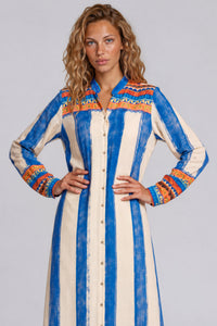 Chemise Longa Ampla Azul E Bege Listrado Estampado Manacá Yacamim M1