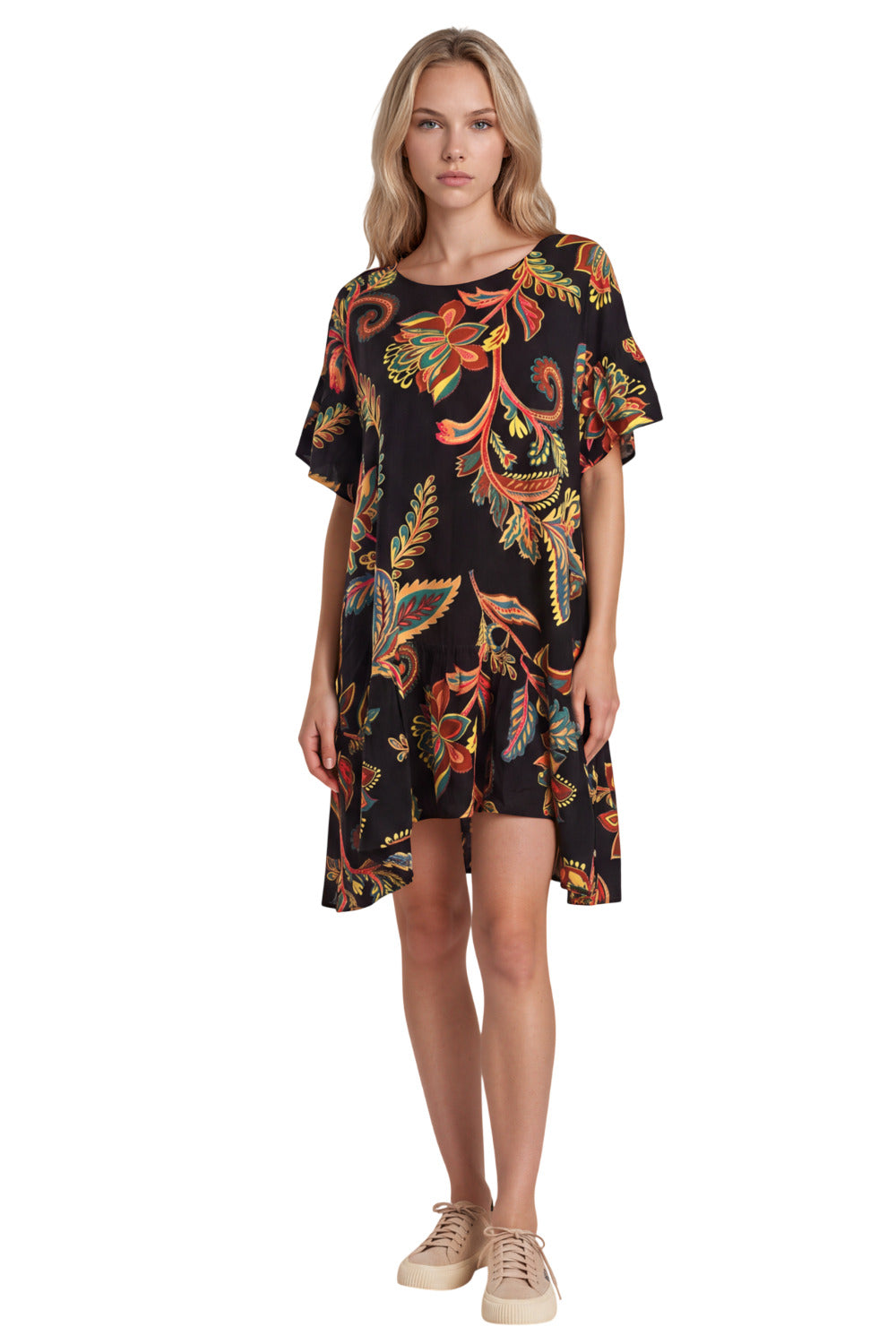 Vestido Curto Com Mangas Curtas Preto Estampado Yacamim D14