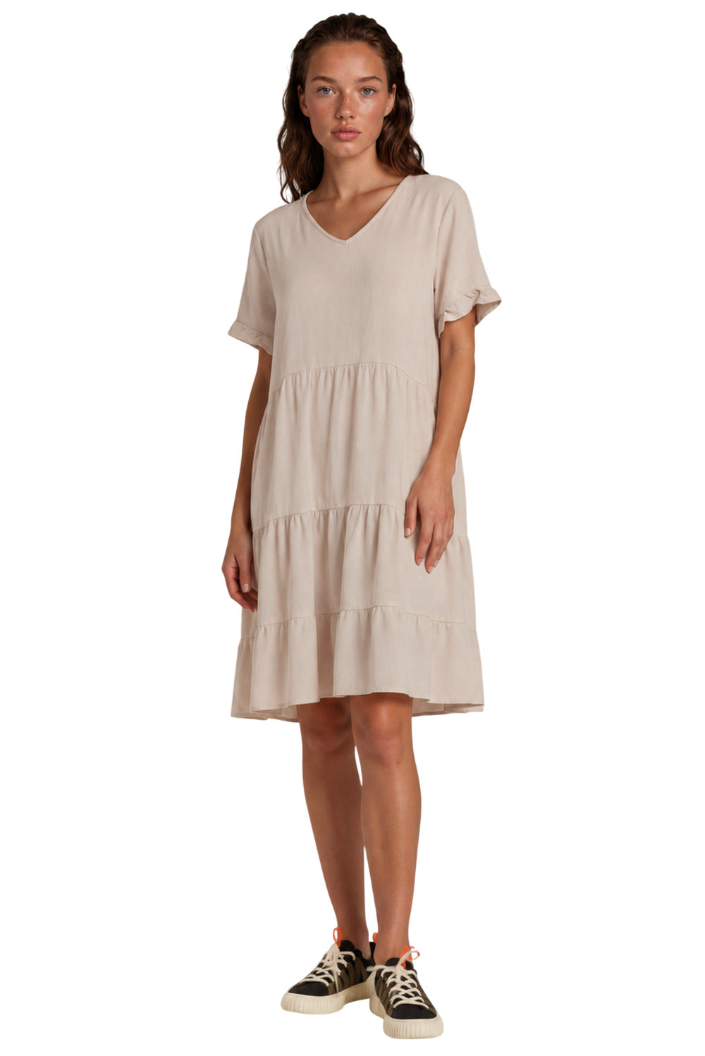 Vestido Curto Viscolinho Com Babados Bege Nature Yacamim C7