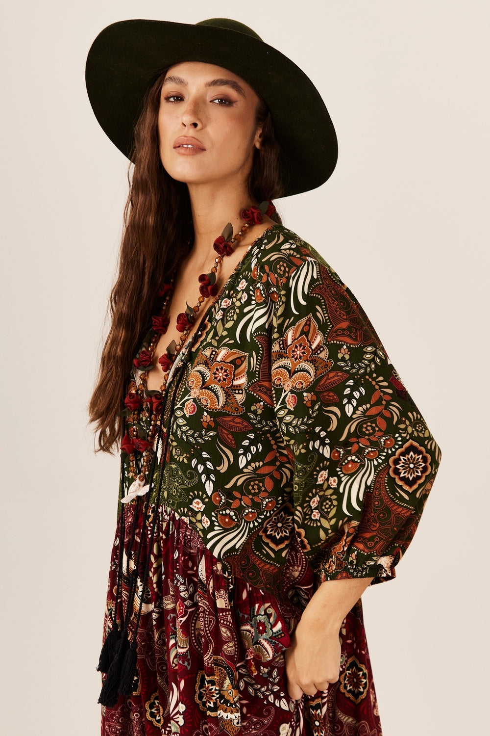 Vestido Longo Bordô E Verde Patchwork Yacamim E23