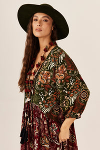 Vestido Longo Bordô E Verde Patchwork Yacamim E23