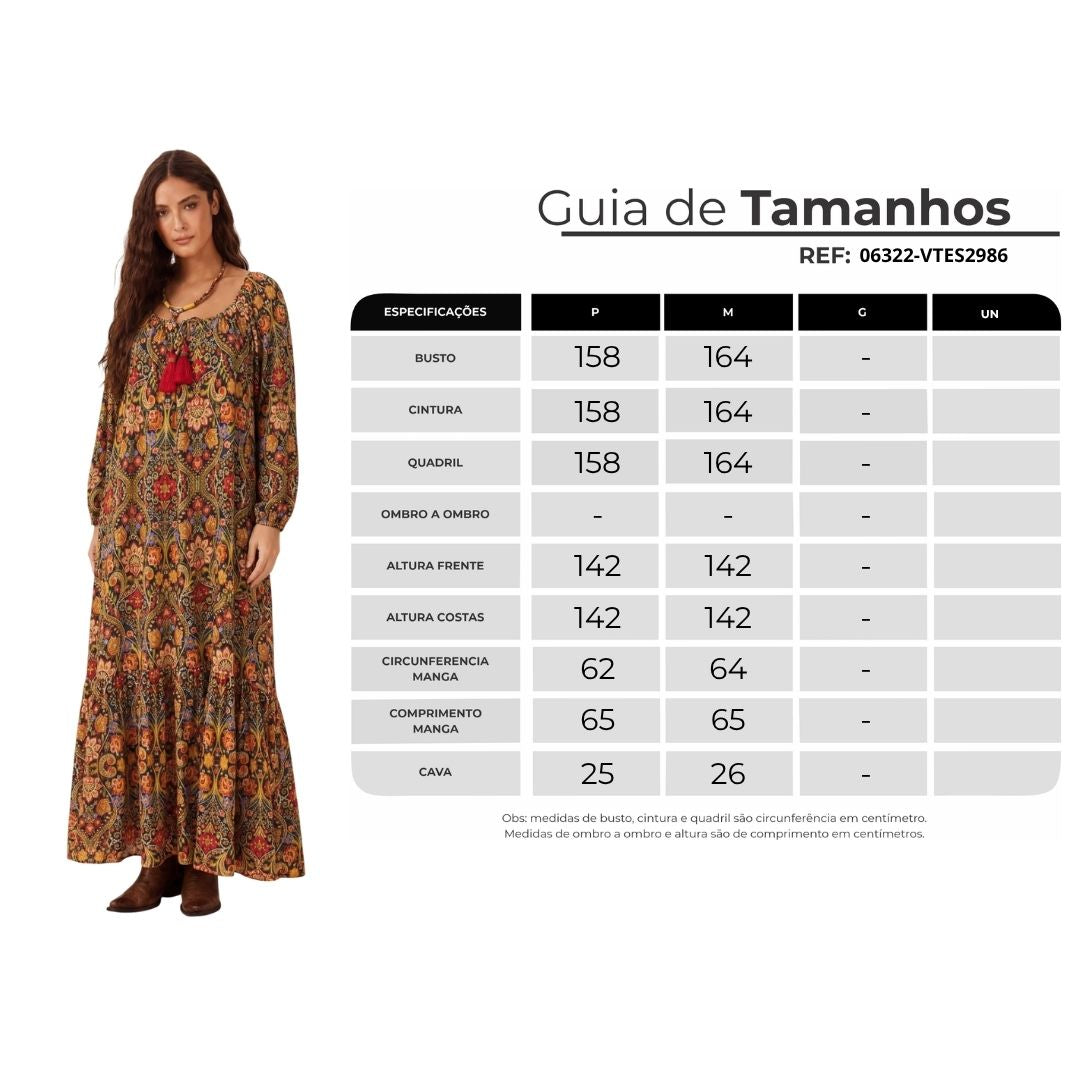Vestido Longo Manga Longa Estampado Yacamim D1