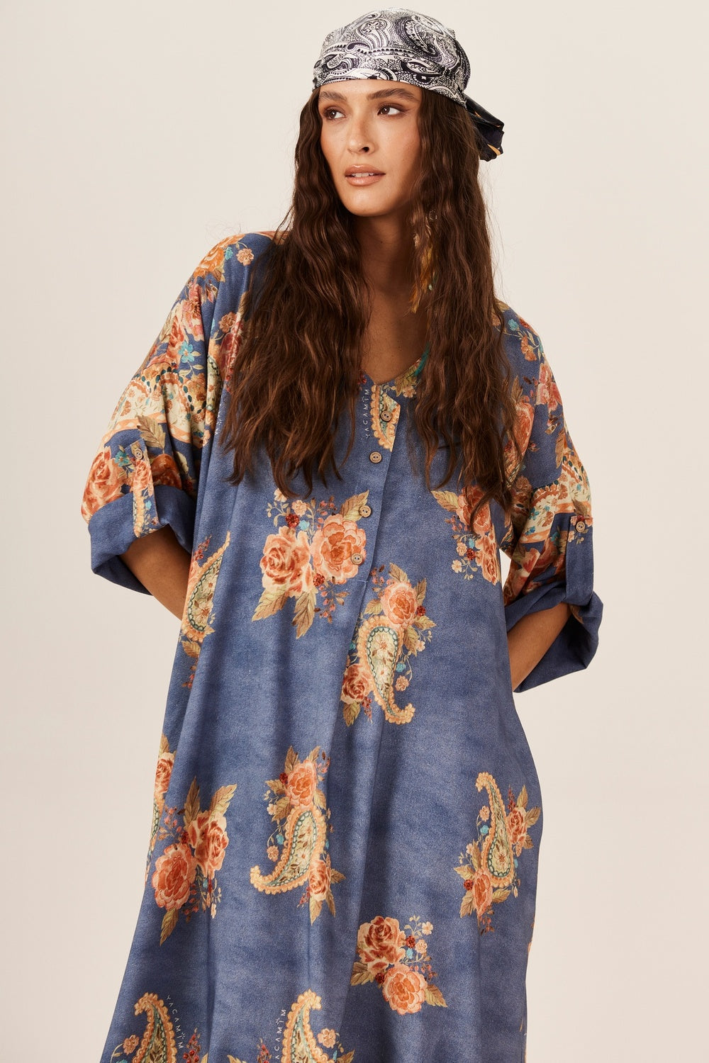 Chemise Midi Azul Petróleo Estampa Paisley Yacamim P8