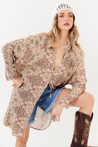 Chemise Curta Manga Longa Bege Paisley Yacamim L3