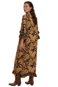 Kaftan Midi Com Pontas Laterais Marrom Claro Estampado Yacamim J10
