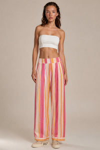 Calça Pantalona Com Bolsos Rosa E Amarela Listrada Yacamim H8