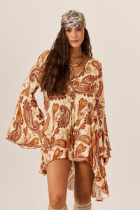 Chemise Mullet Com Lurex Bege Estampa Paisley Yacamim N7