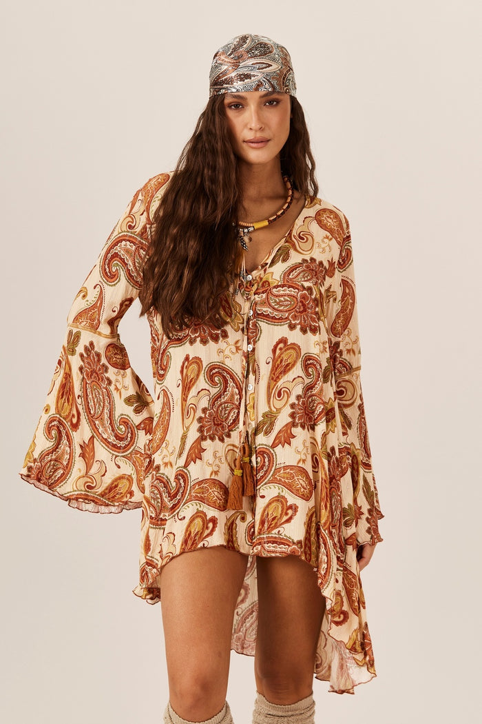 Chemise Mullet Com Lurex Bege Estampa Paisley Yacamim N7