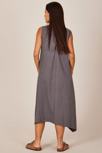 Vestido Curto De Linho Regata Cinza Escuro Yacamim E8 Liso