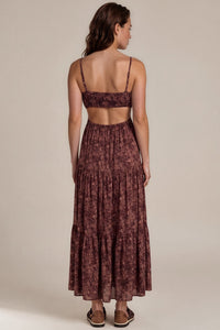 Vestido Longo Costas Abertas Marrom Escuro Estampado Yacamim D2