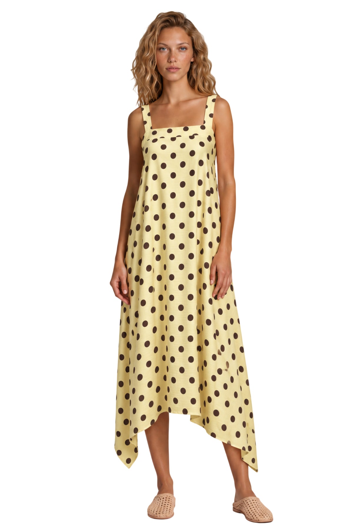 Vestido Midi Com Detalhes De Pontas Amarelo Estampa De Poá Yacamim C26