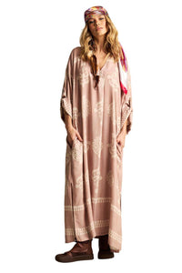 Vestido Longo Com Decote Em V Transpassado Marrom Claro Estampado Yacamim N3