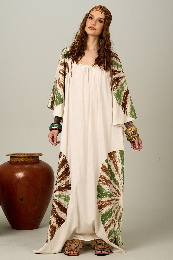 Vestido Longo Bege Estampa De Mandalas Yacamim E12