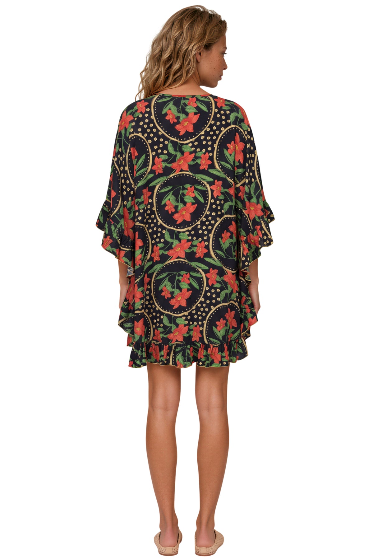Kaftan Curto Com Babados Preto E Verde Patchwork Yacamim J2