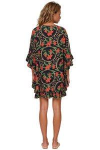 Kaftan Curto Com Babados Preto E Verde Patchwork Yacamim J2
