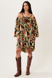 Vestido Curto Ciganinha Com Mangas 3/8 Verde Estampado Yacamim D20