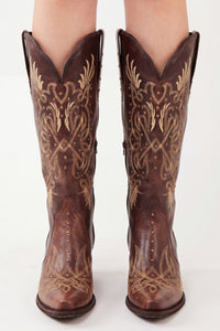 Bota Cano Longo Bico Fino Bordados Marrom Yacamim #370