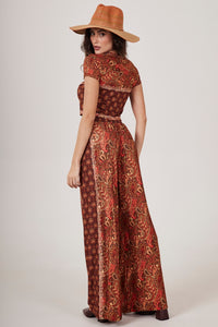 Calça Pantalona Terracota Estampa Paisley Yacamim A6