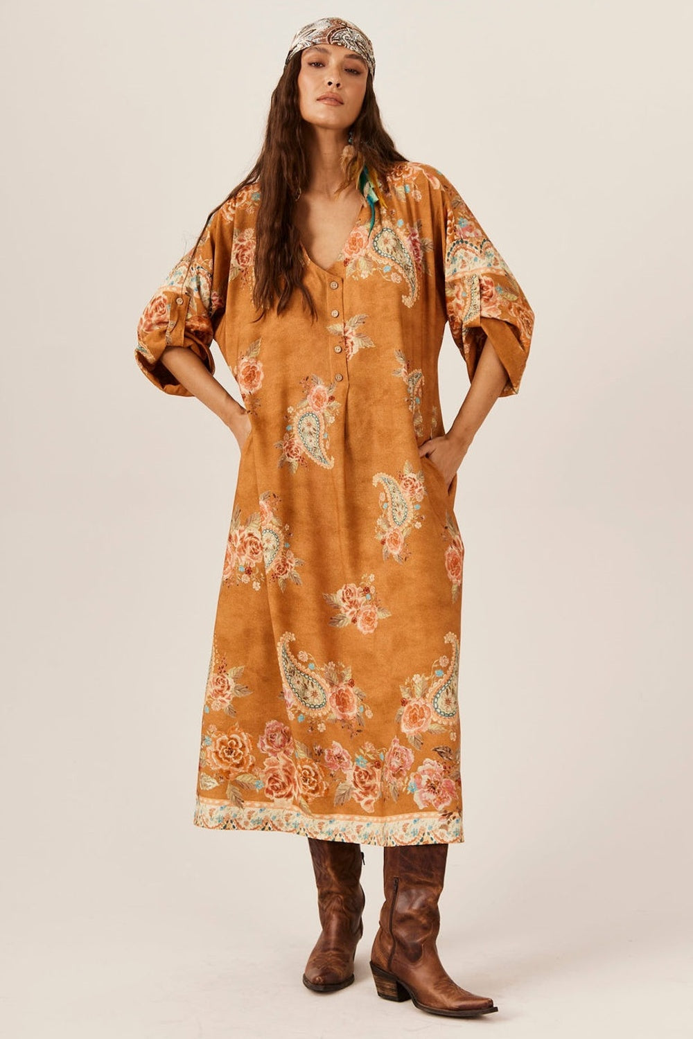 Chemise Midi Mostarda Estampa Paisley Yacamim P5