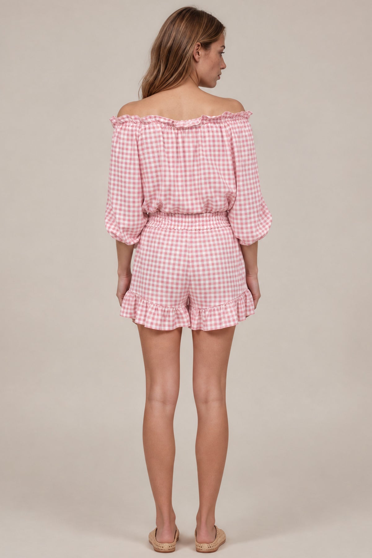 Shorts Com Babados Rosa Claro Xadrez Yacamim A21