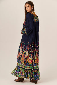 Vestido Longo Ombro A Ombro Azul Marinho Estampa Paisley Yacamim E18