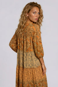 Vestido Longo Amplo Marrom Claro Estampado Patchwork Yacamim D4