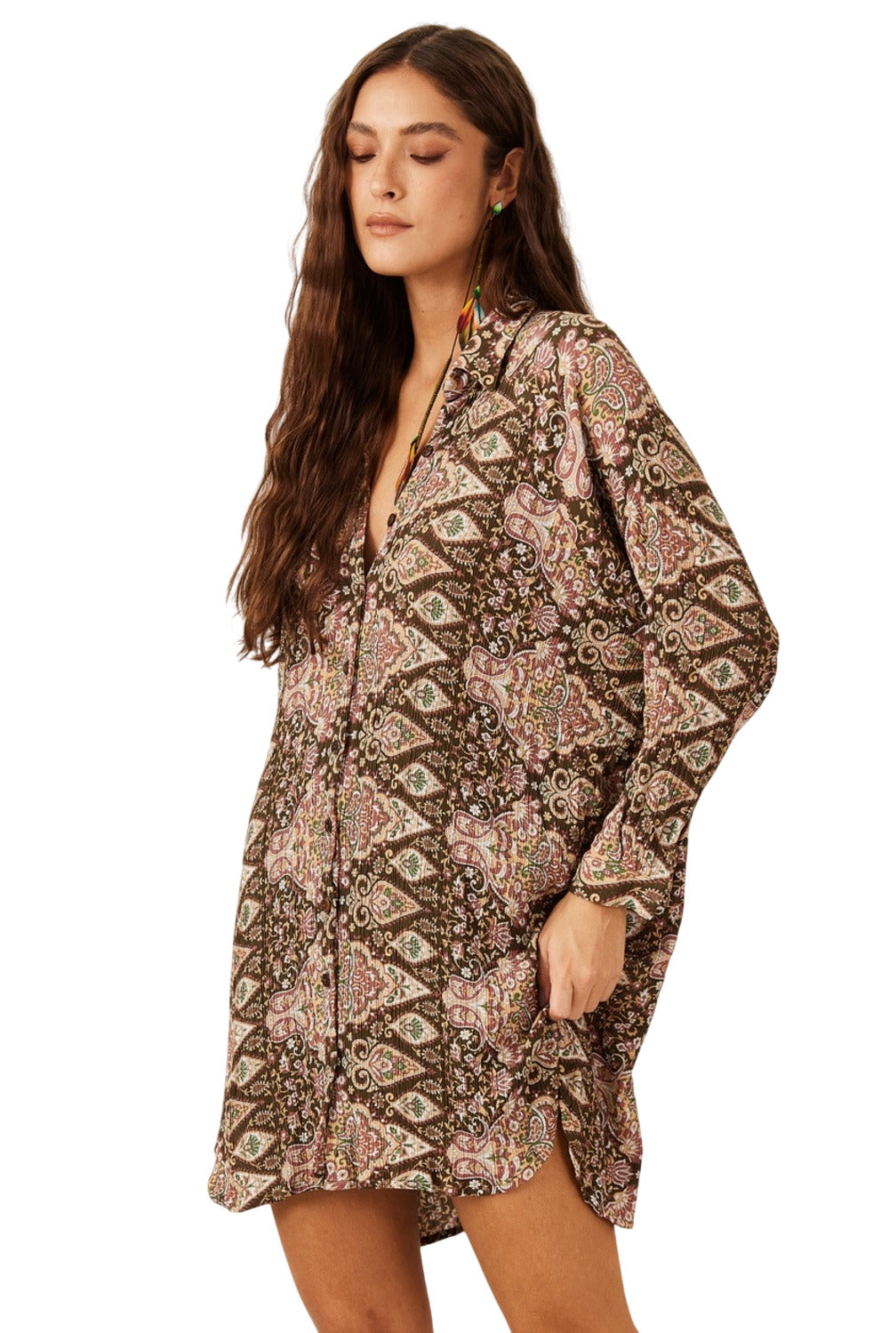 Chemise Ampla Com Mangas Marrom Estampa Paisley Yacamim P9