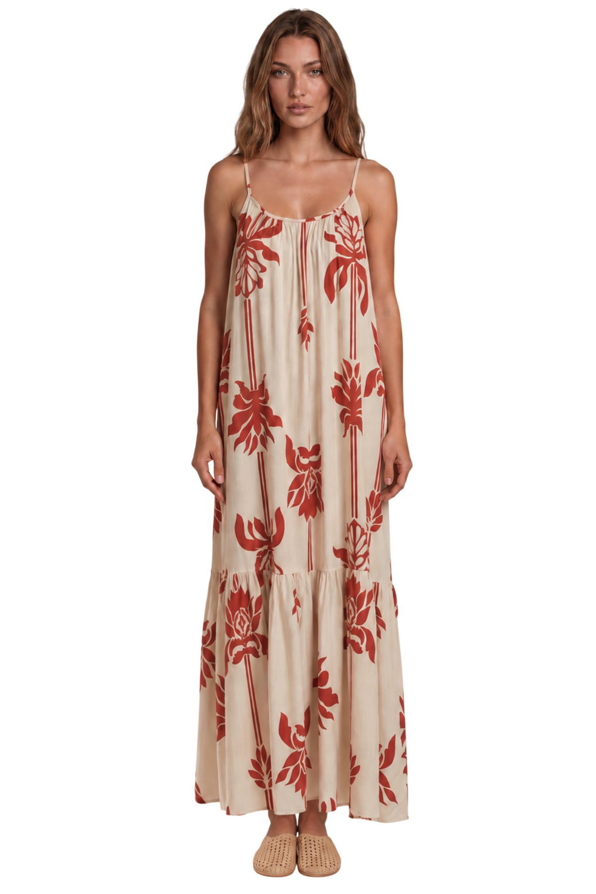 Vestido Longo Amplo De Alças Reguláveis Off White Estampado Yacamim C18