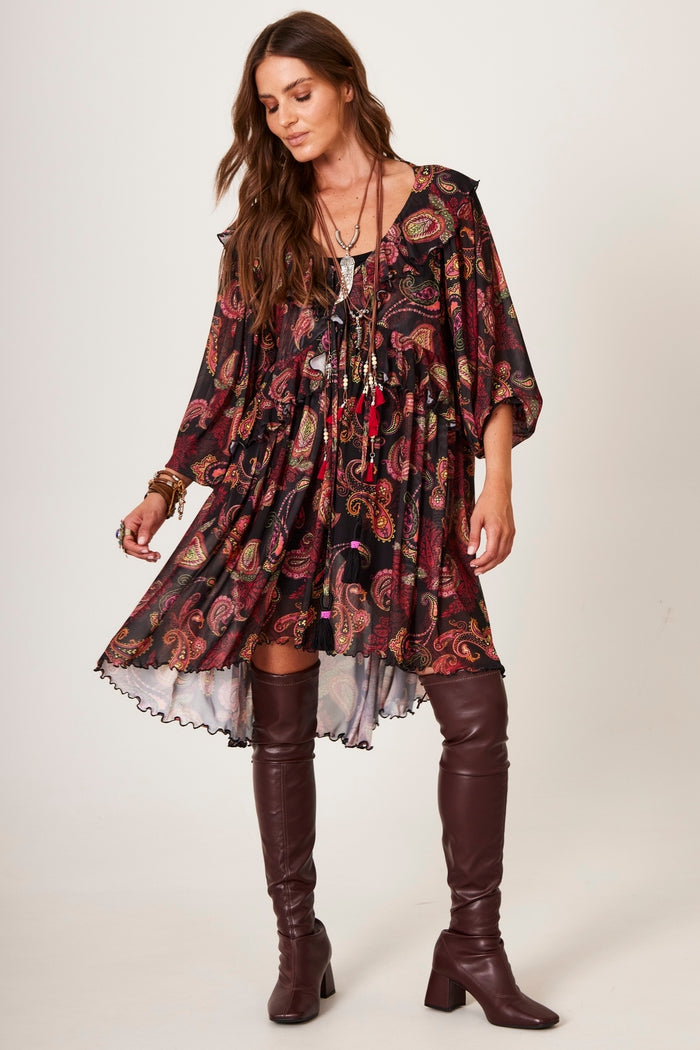 Vestido Curto De Tule Preto Estampa Cashmere Yacamim C2